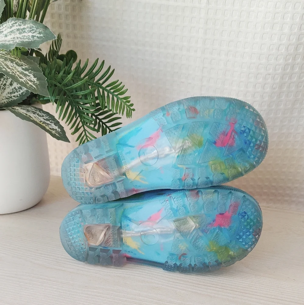 Kooshyshoo Girls Blue, Pink Gradient Light Up Dinosaur Rain boots Size 10